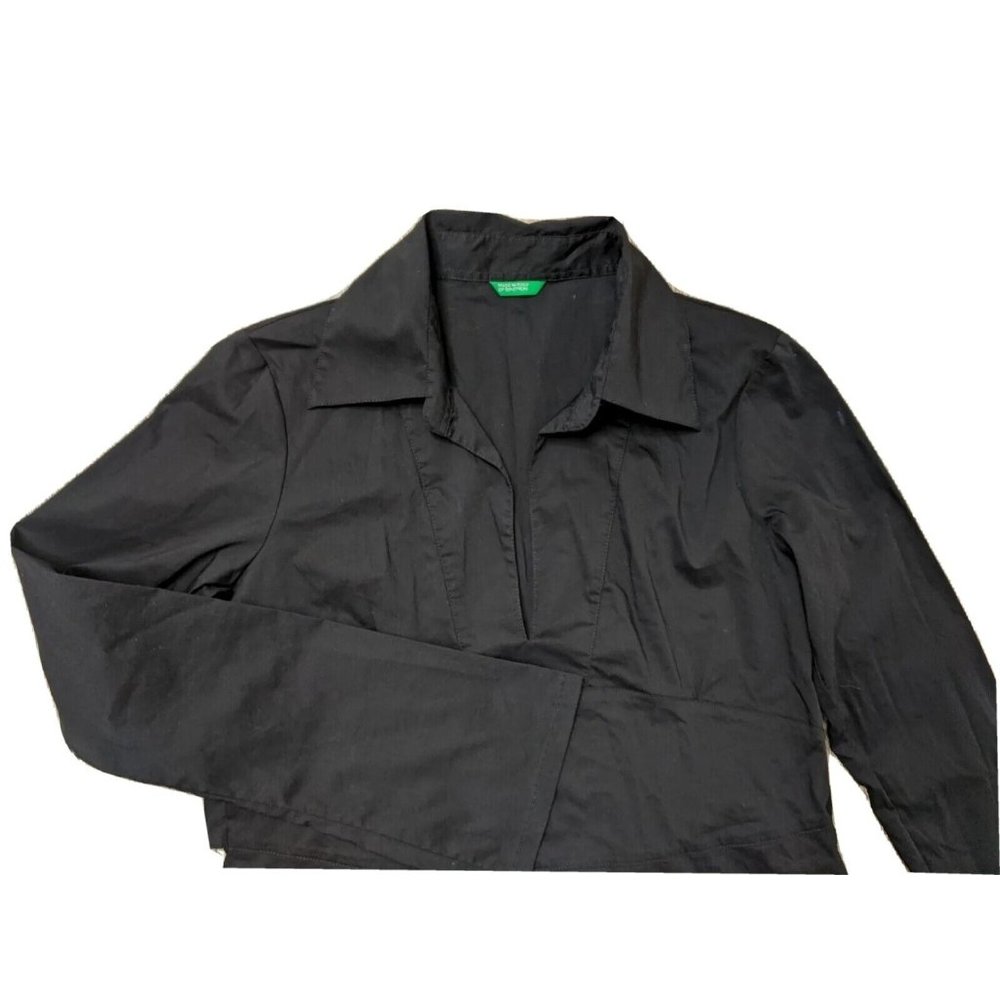 Benetton SZ S Black Long Sleeve Attached Belt Women's Tunic Stretch Cotton Blend